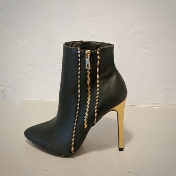 CATHERINE MALANDRINO Gold Stiletto Heel Zipper Detail Olive Green Ankle Boot Sz8 - Picture 8 of 12